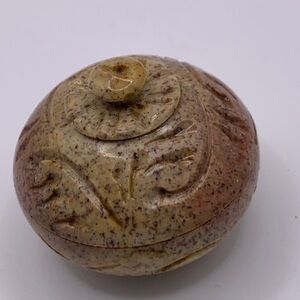 Vintage Soapstone Round Stone Trinket Box with Carved Design